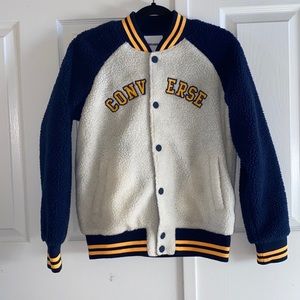 NWOT UO Converse Blue and Yellow Oversized Sherpa Teddy Varsity Jacket